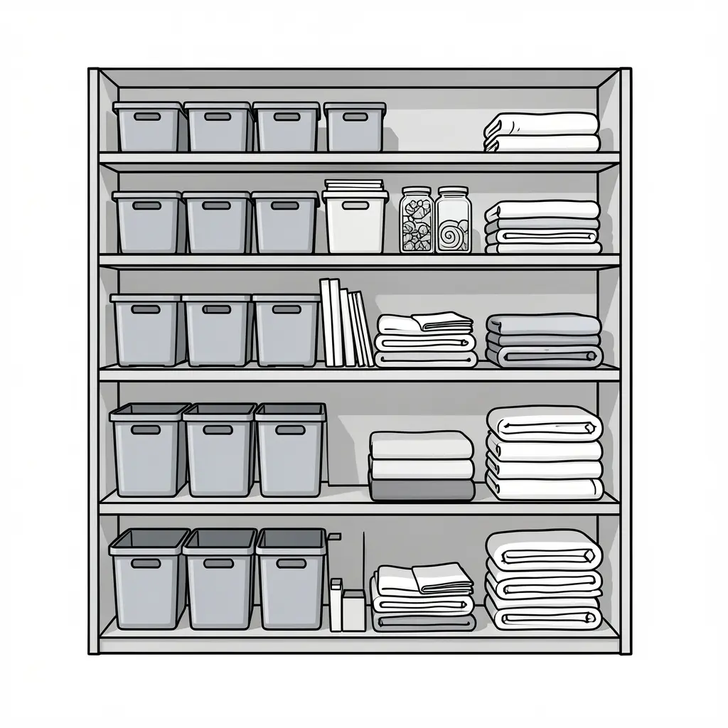 Professional space organization illustration showing tidy shelves and ordered elements