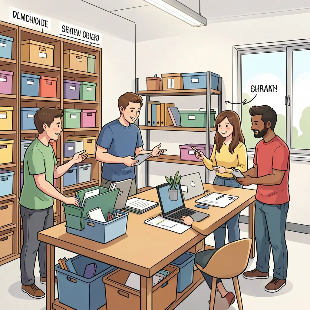 Illustration of collaborative team members working together on space organization